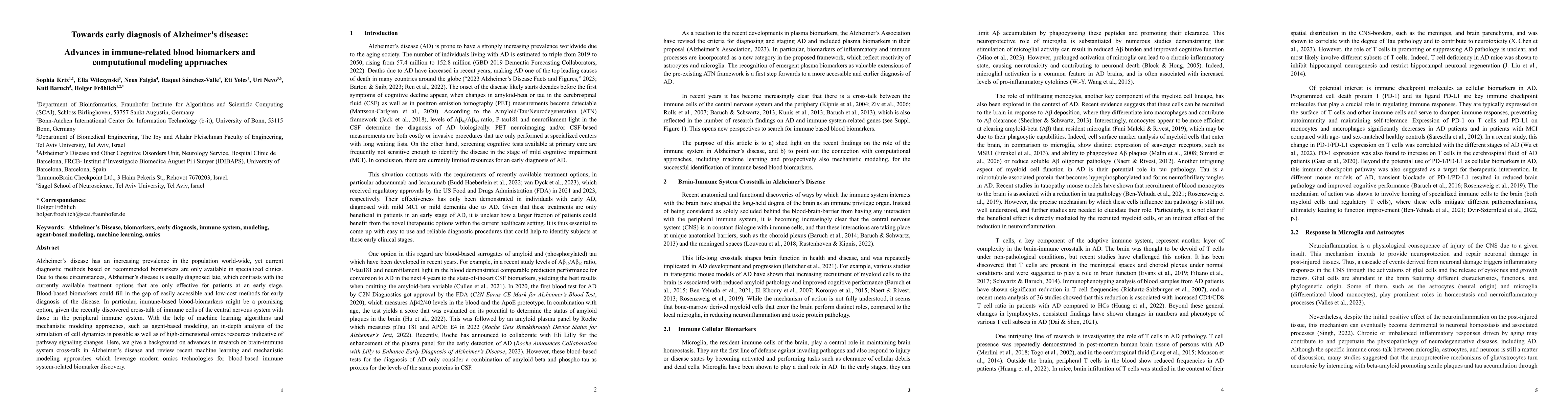Thumbnail for Towards early diagnosis of Alzheimer's disease: Advances in
  immune-related blood biomarkers and computational modeling approaches