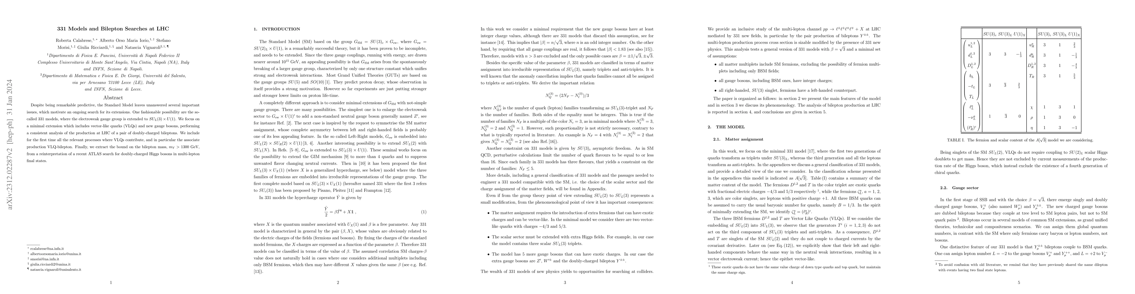 Thumbnail for 331 Models and Bilepton Searches at LHC