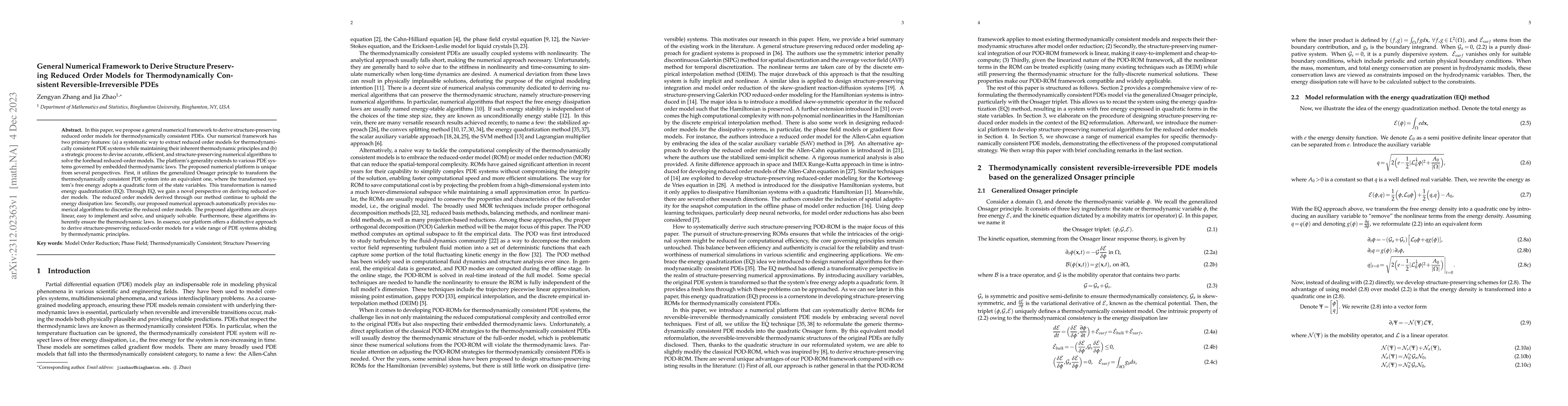 Thumbnail for General Numerical Framework to Derive Structure Preserving Reduced Order
  Models for Thermodynamically Consistent Reversible-Irreversible PDEs