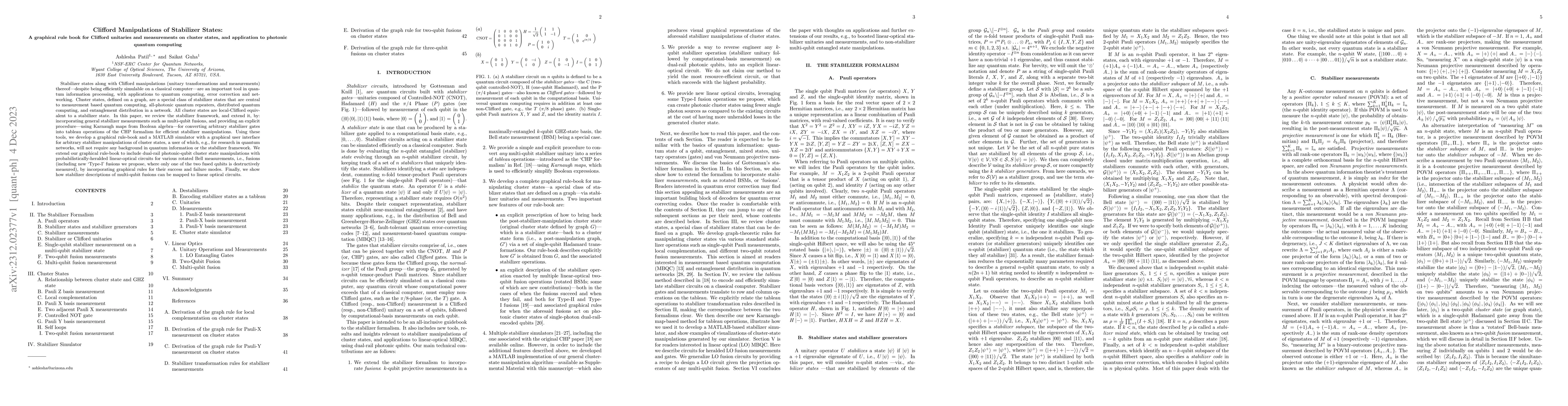 Thumbnail for Clifford Manipulations of Stabilizer States: A graphical rule book for
  Clifford unitaries and measurements on cluster states, and application to
  photonic quantum computing