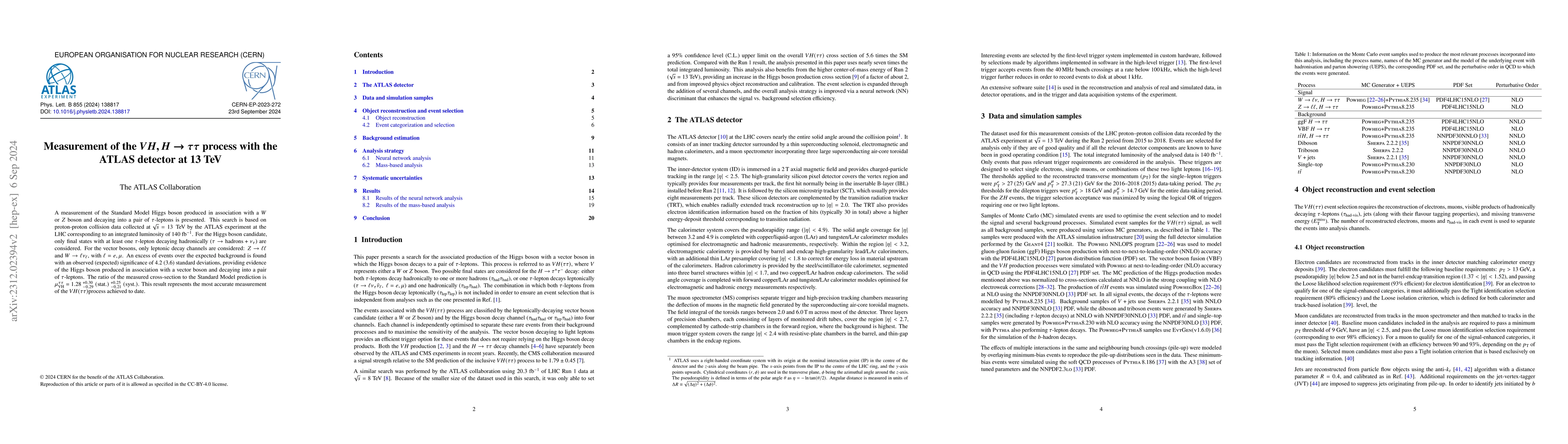 Thumbnail for Evidence for the $VH, H\rightarrow \tau\tau$ process with the ATLAS
  detector in Run 2