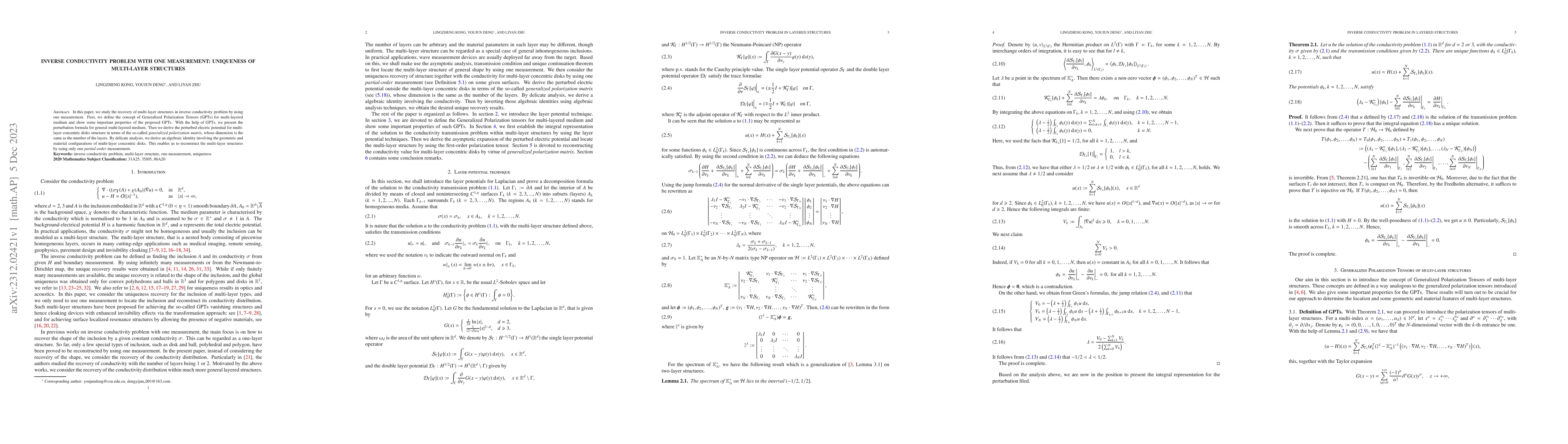 Thumbnail for Inverse conductivity problem with one measurement: Uniqueness of
  multi-layer structures