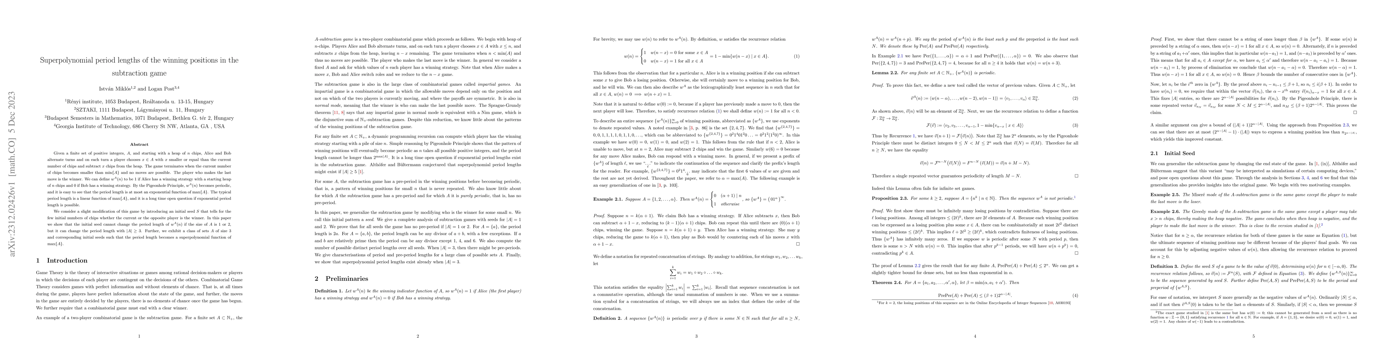 Thumbnail for Superpolynomial period lengths of the winning positions in the
  subtraction game