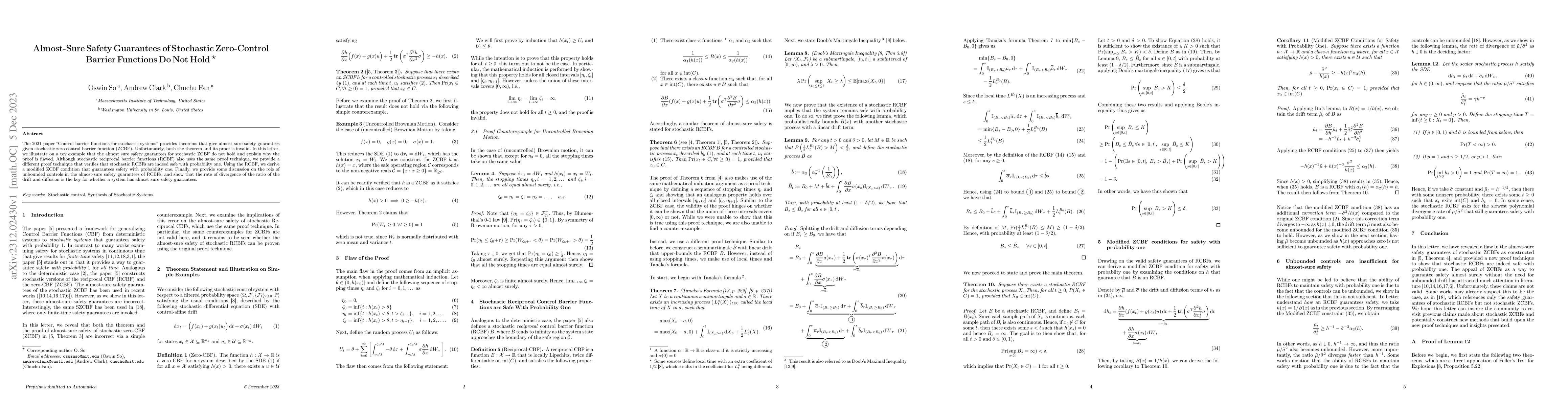 Thumbnail for Almost-Sure Safety Guarantees of Stochastic Zero-Control Barrier
  Functions Do Not Hold