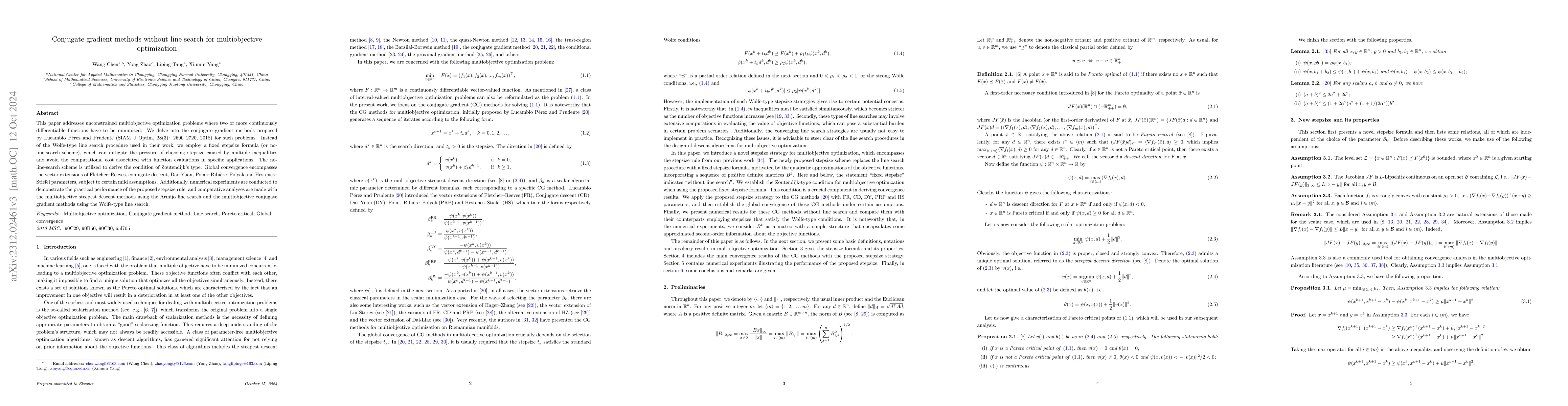 Thumbnail for Conjugate gradient methods without line search for multiobjective
  optimization