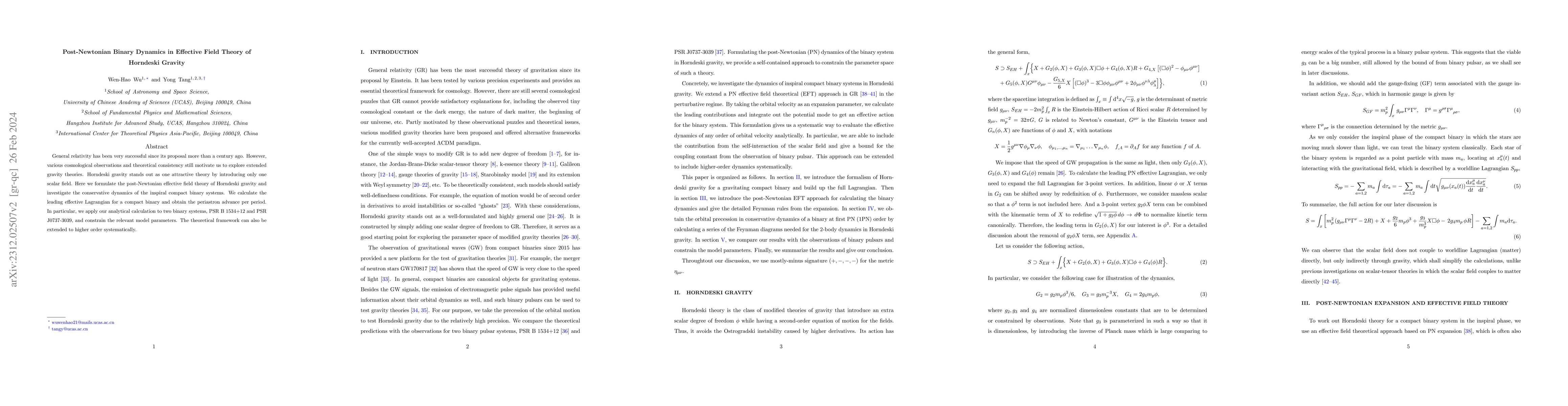Thumbnail for Post-Newtonian Binary Dynamics in Effective Field Theory of Horndeski
  Gravity