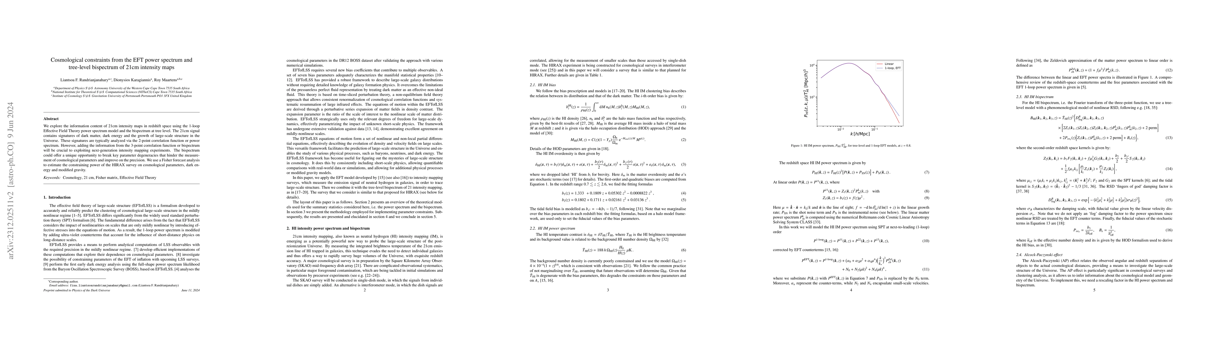Thumbnail for Cosmological constraints from the EFT power spectrum and tree-level
  bispectrum of 21cm intensity maps