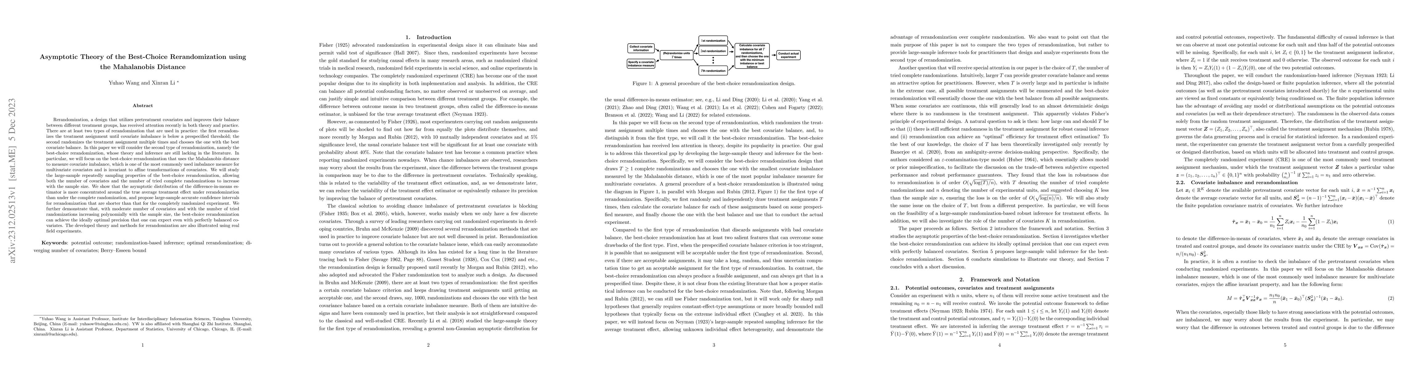 Thumbnail for Asymptotic Theory of the Best-Choice Rerandomization using the
  Mahalanobis Distance