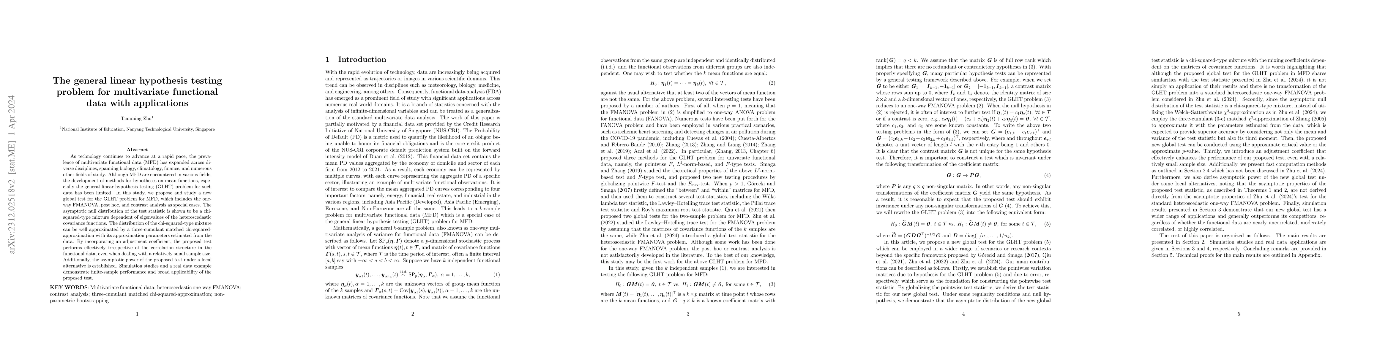 Thumbnail for The general linear hypothesis testing problem for multivariate
  functional data with applications