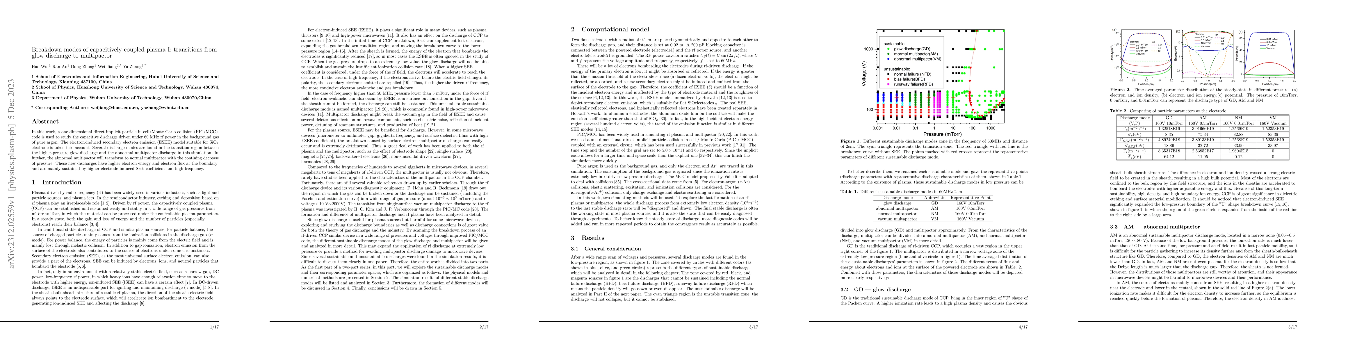 Thumbnail for Breakdown modes of capacitively coupled plasma I: transitions from glow
  discharge to multipactor