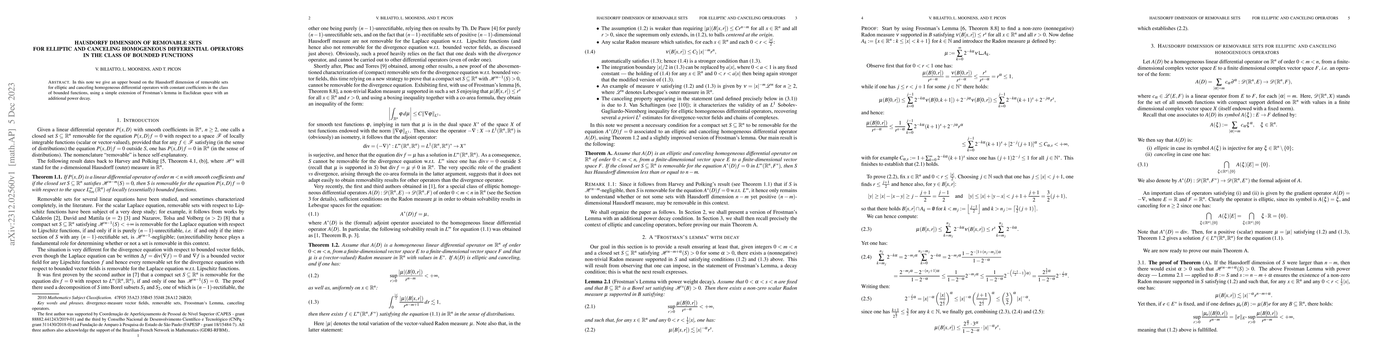 Thumbnail for Hausdorff dimension of removable sets for elliptic and canceling
  homogeneous differential operators in the class of bounded functions