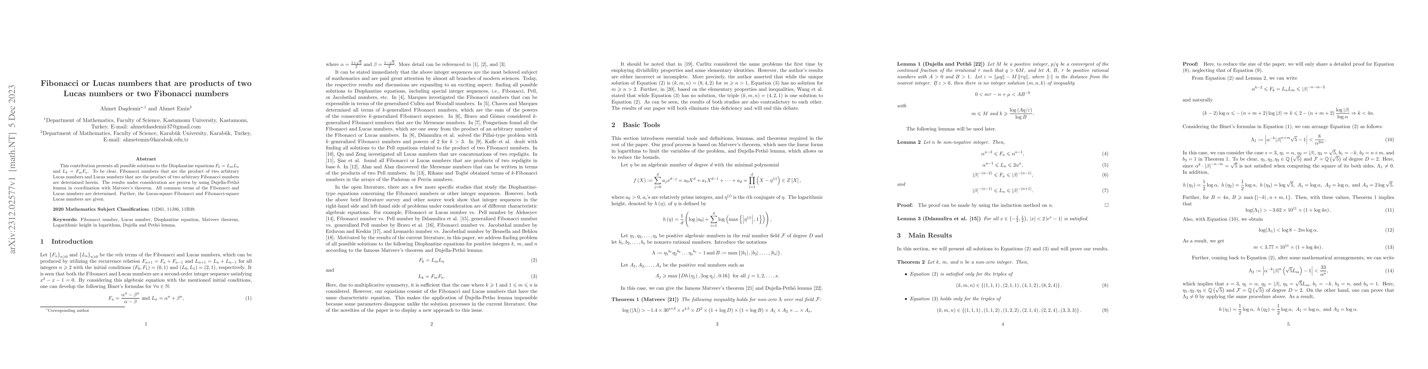 Thumbnail for Fibonacci or Lucas numbers that are products of two Lucas numbers or two
  Fibonacci numbers
