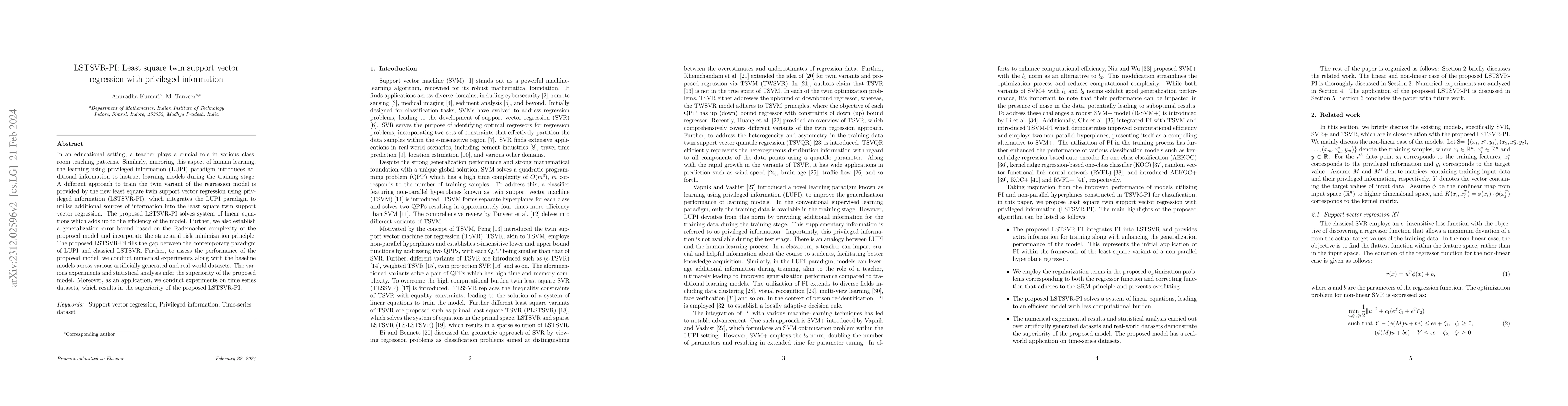 Thumbnail for LSTSVR-PI: Least square twin support vector regression with privileged
  information