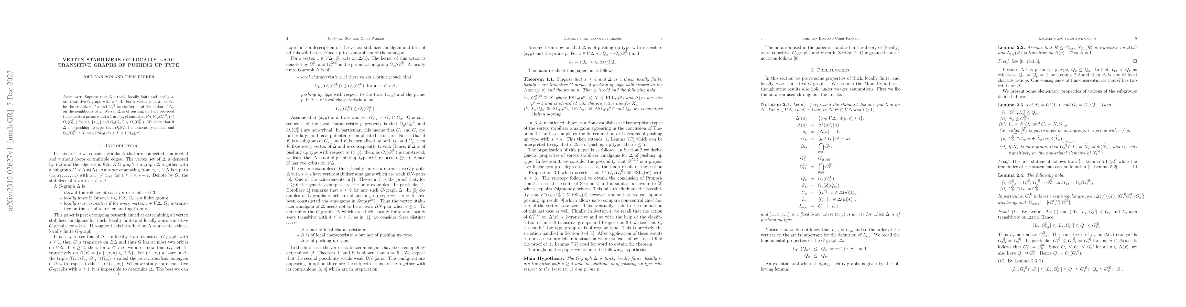 Thumbnail for Vertex stabilizers of locally $s$-arc transitive graphs of pushing up
  type