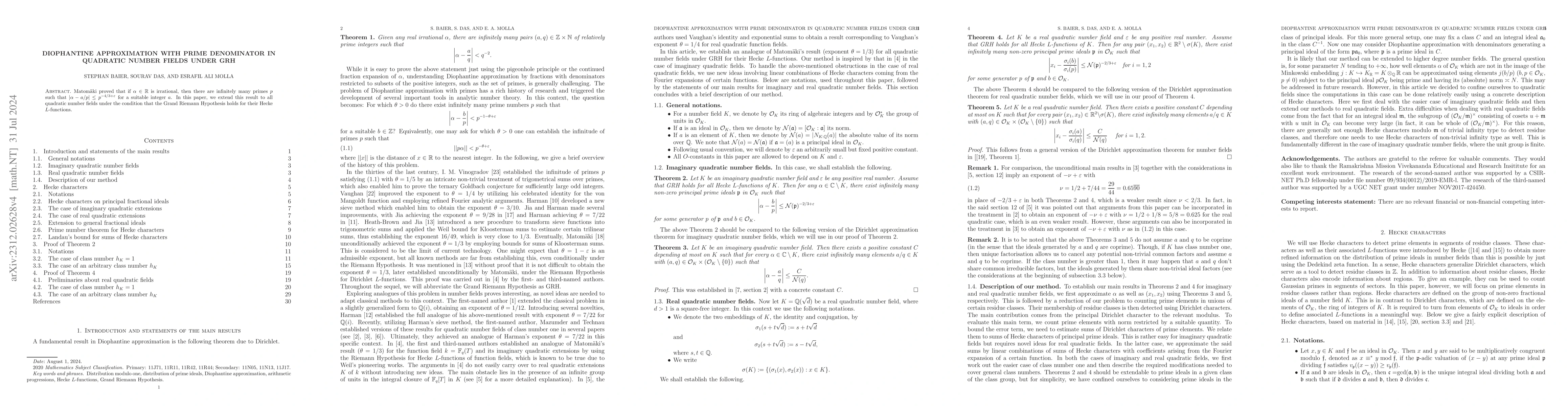 Thumbnail for Diophantine approximation with prime denominator in quadratic number
  fields under GRH