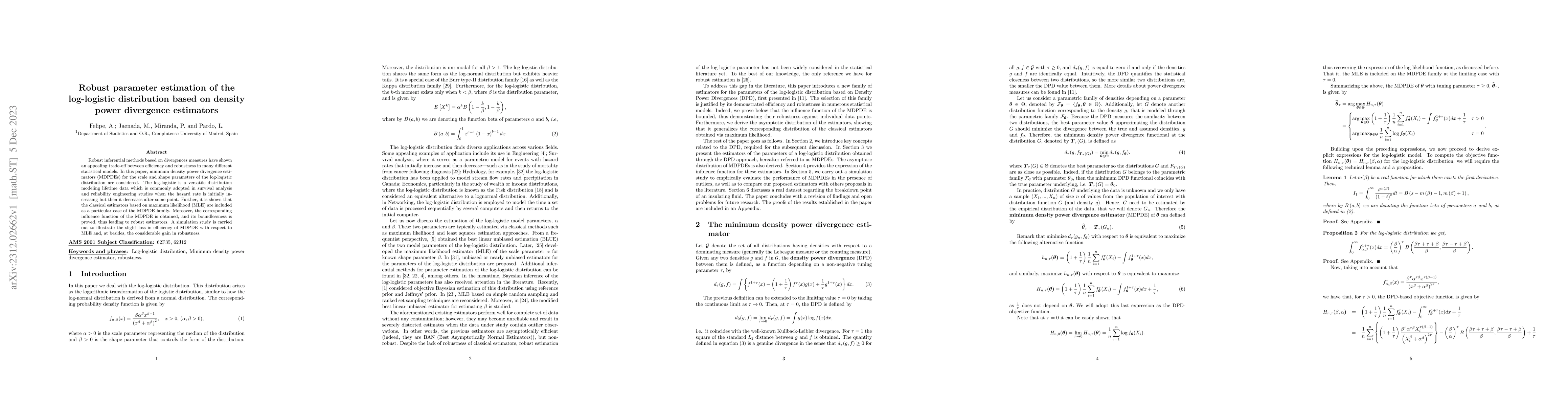 Thumbnail for Robust parameter estimation of the log-logistic distribution based on
  density power divergence estimators