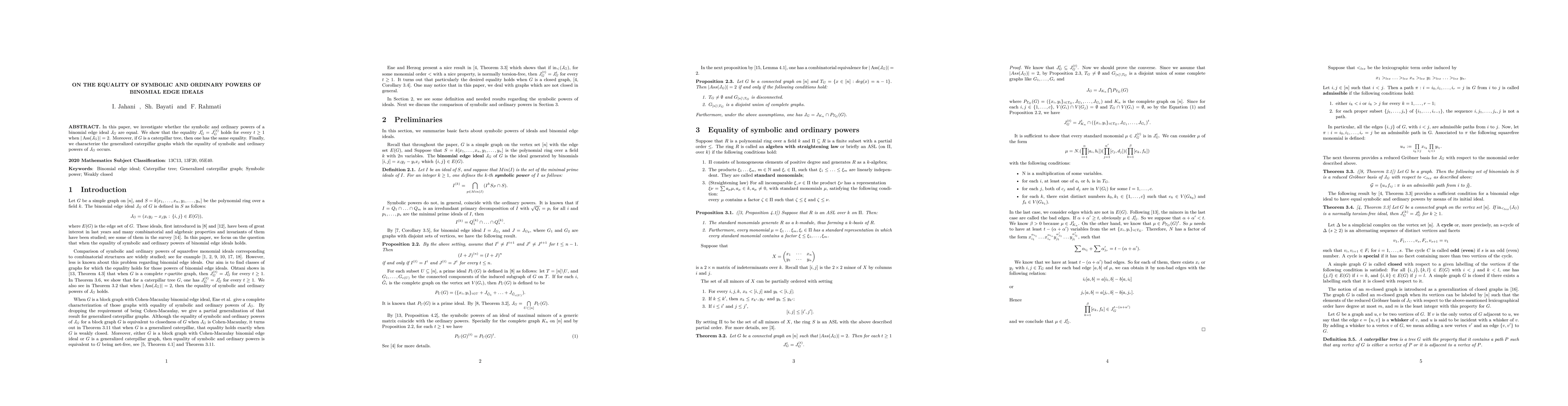 Thumbnail for On the Equality of Symbolic and Ordinary Powers of Binomial Edge Ideals