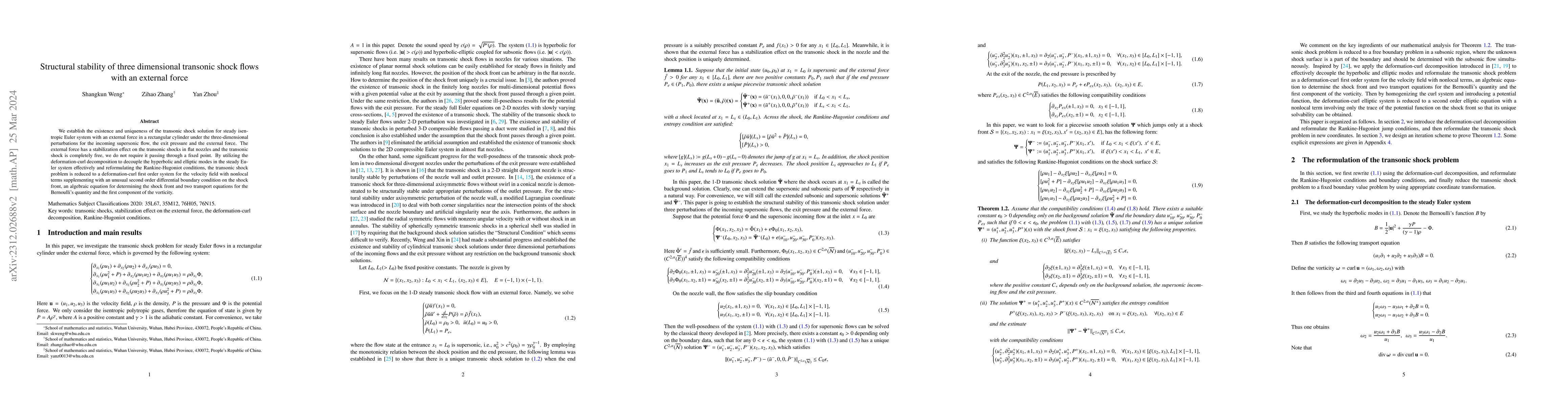 Thumbnail for Structural stability of three dimensional transonic shock flows with an
  external force