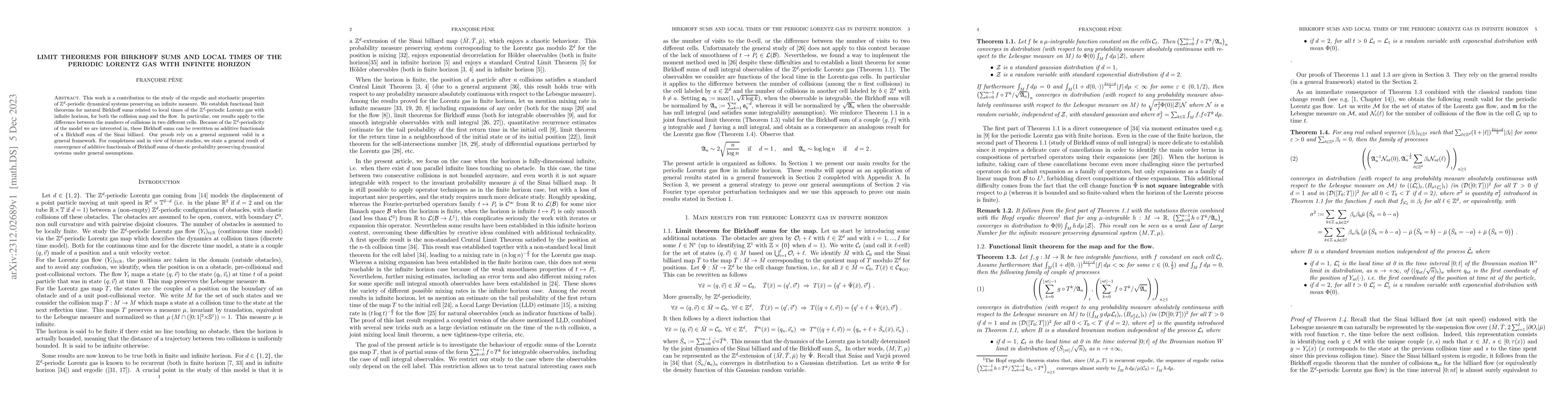 Thumbnail for Limit theorems for Birkhoff sums and local times of the periodic Lorentz
  gas with infinite horizon