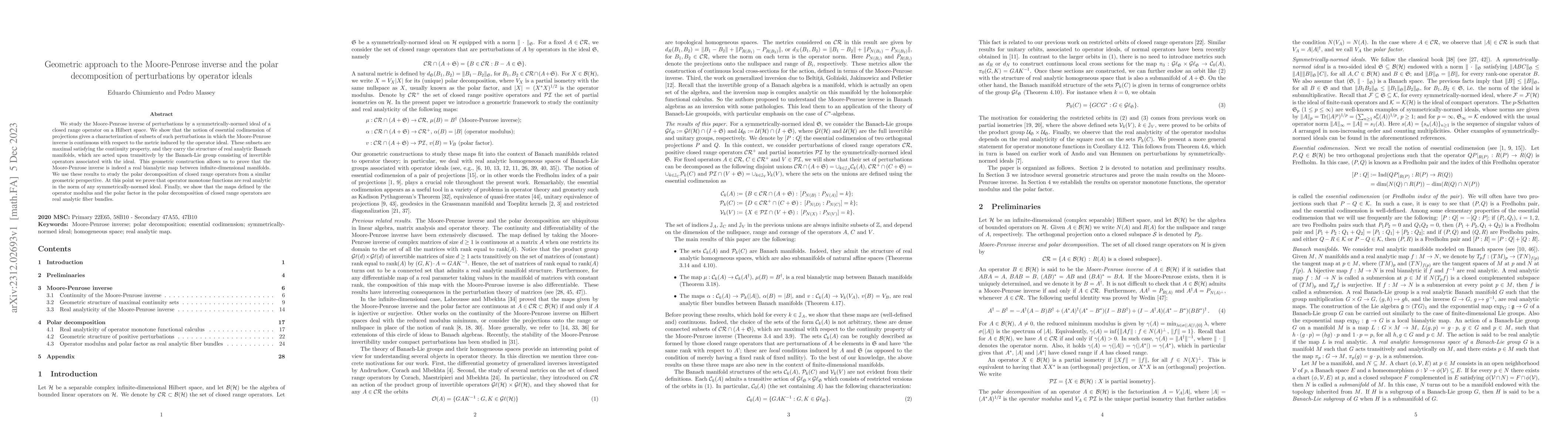 Thumbnail for Geometric approach to the Moore-Penrose inverse and the polar
  decomposition of perturbations by operator ideals