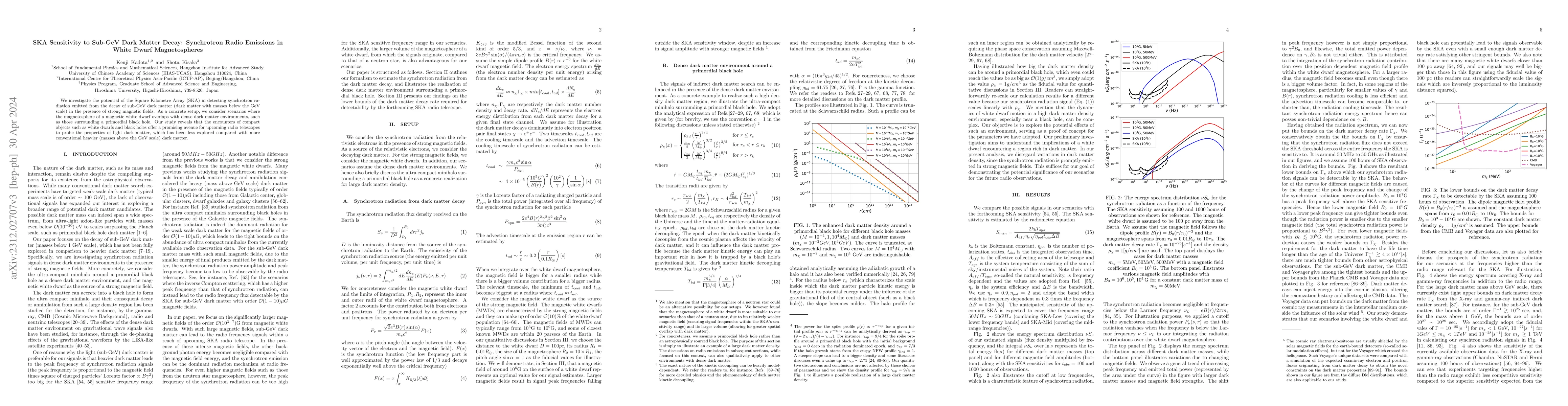 Thumbnail for SKA Sensitivity to Sub-GeV Dark Matter Decay: Synchrotron Radio
  Emissions in White Dwarf Magnetospheres