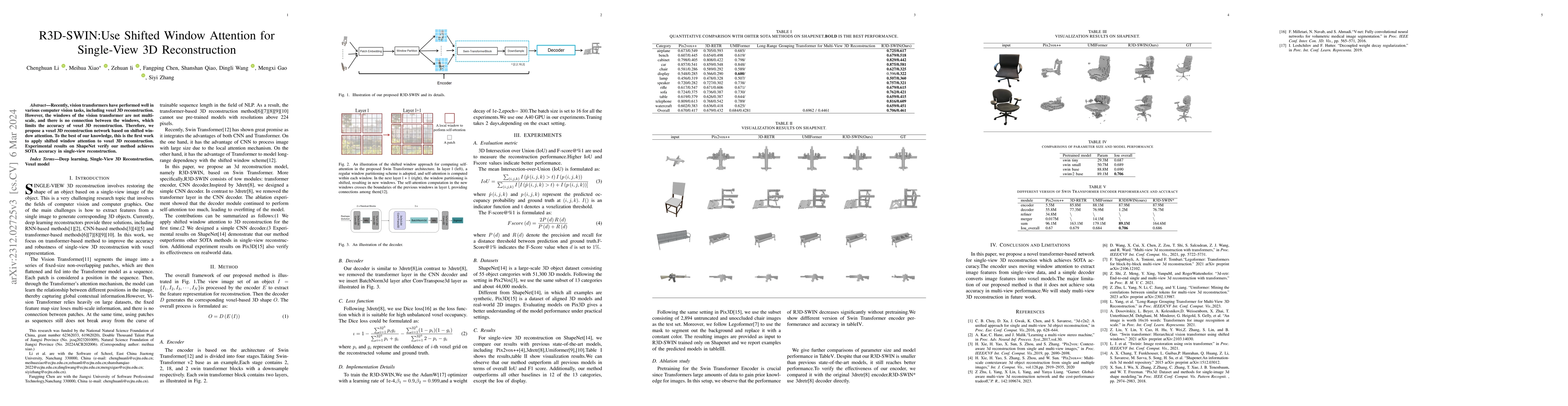 Thumbnail for R3D-SWIN:Use Shifted Window Attention for Single-View 3D Reconstruction