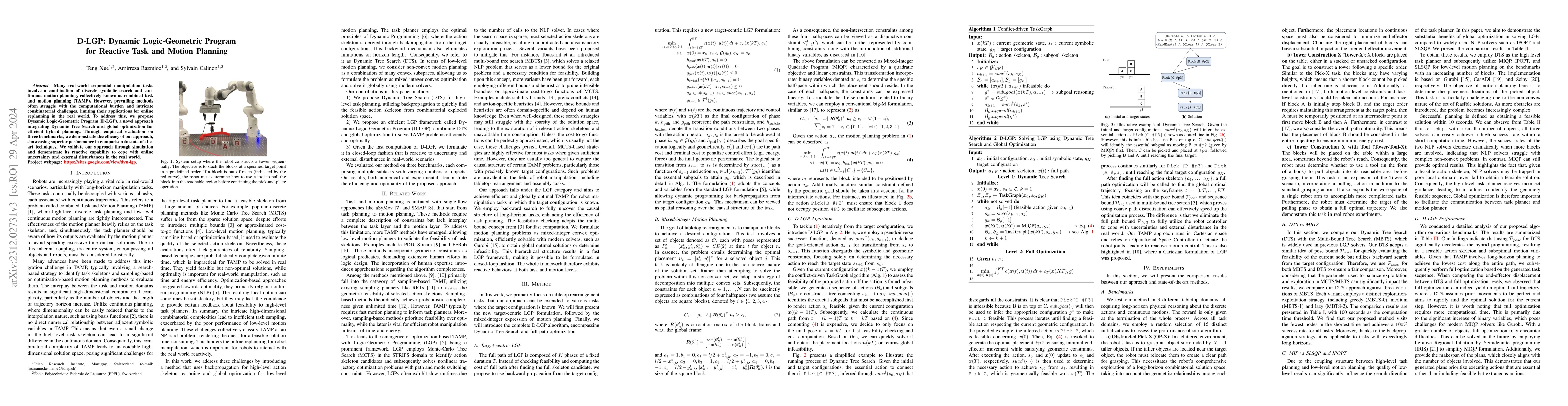 Thumbnail for D-LGP: Dynamic Logic-Geometric Program for Reactive Task and Motion
  Planning