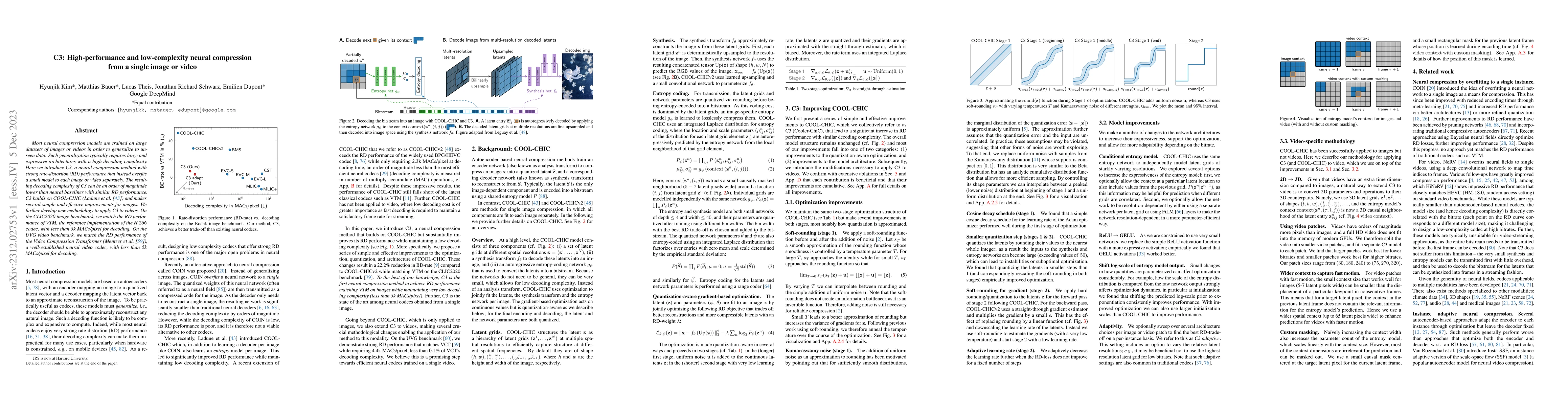 Thumbnail for C3: High-performance and low-complexity neural compression from a single
  image or video