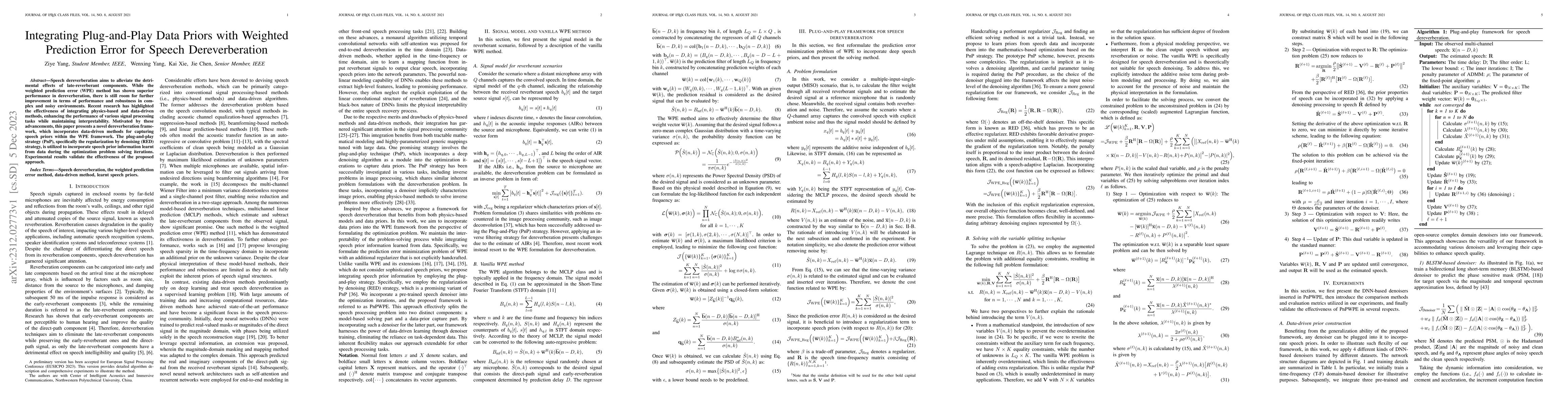 Thumbnail for Integrating Plug-and-Play Data Priors with Weighted Prediction Error for
  Speech Dereverberation