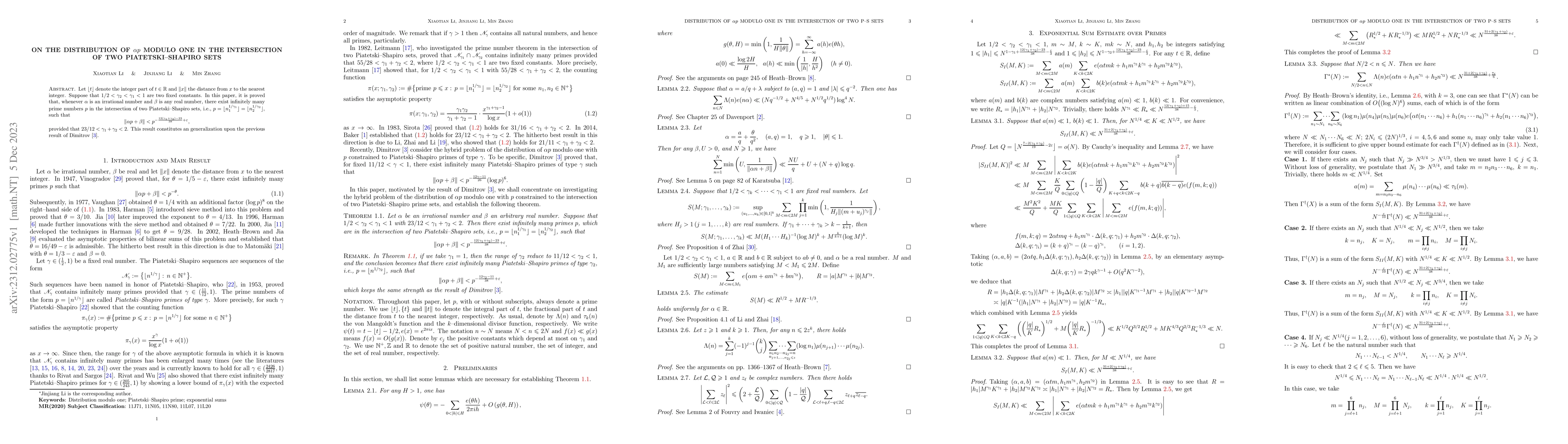 Thumbnail for On the distribution of $\alpha p$ modulo one in the intersection of two
  Piatetski-Shapiro sets