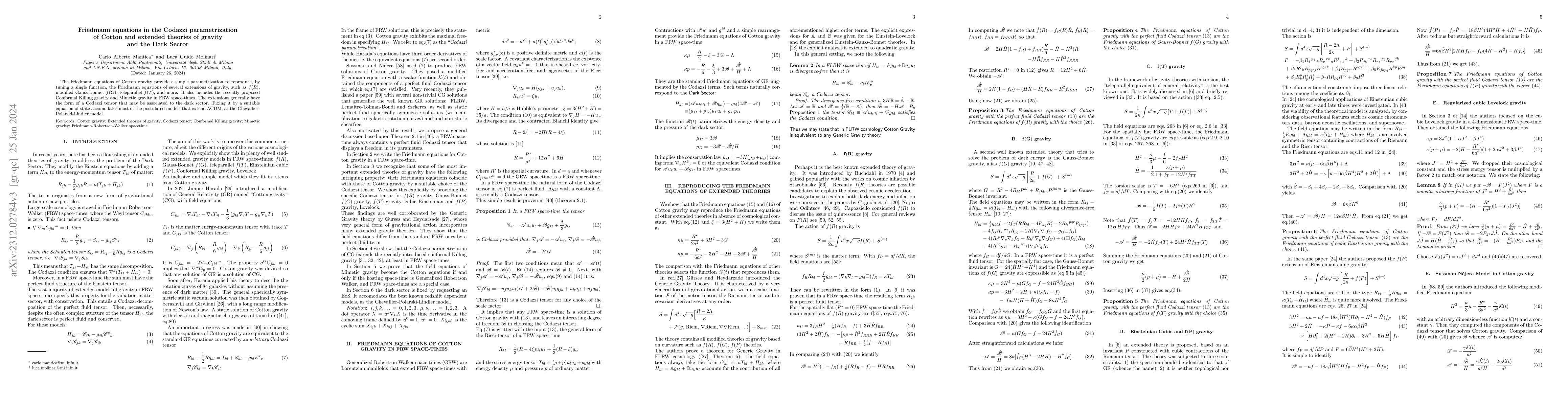 Thumbnail for Friedmann equations in the Codazzi parametrization of Cotton and
  extended theories of gravity and the Dark Sector