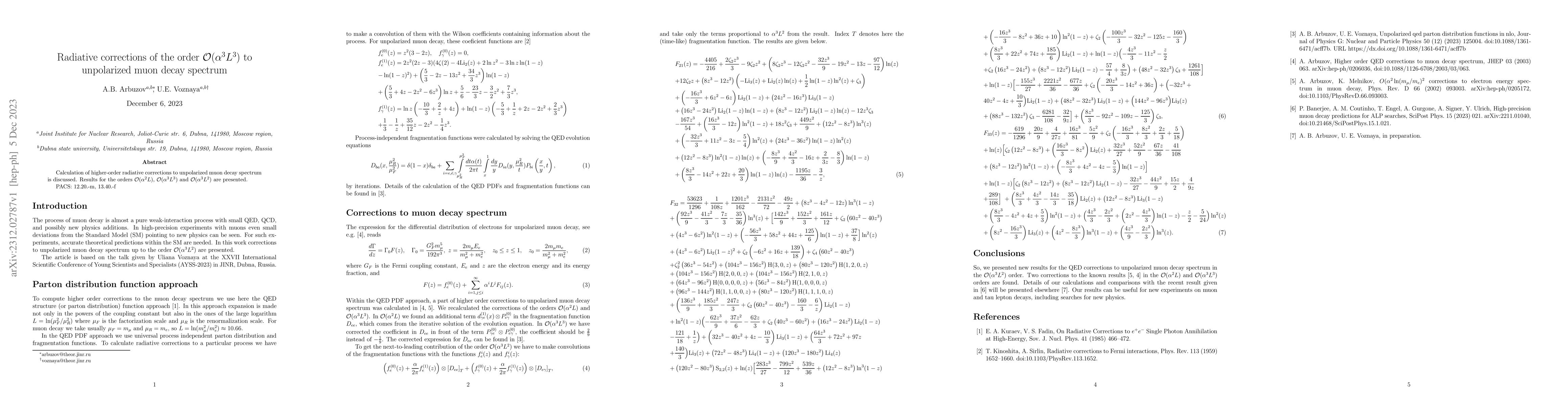 Thumbnail for Radiative corrections of the order $\mathcal{O}(\alpha^3L^3)$ to
  unpolarized muon decay spectrum