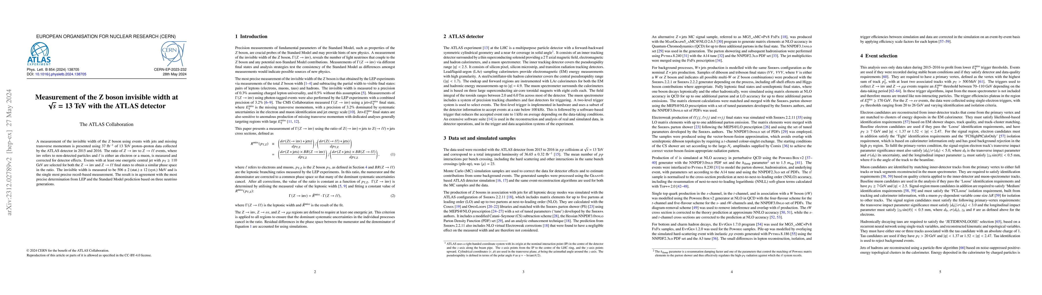 Thumbnail for Measurement of the Z boson invisible width at $\sqrt{s}=13$ TeV with the
  ATLAS detector
