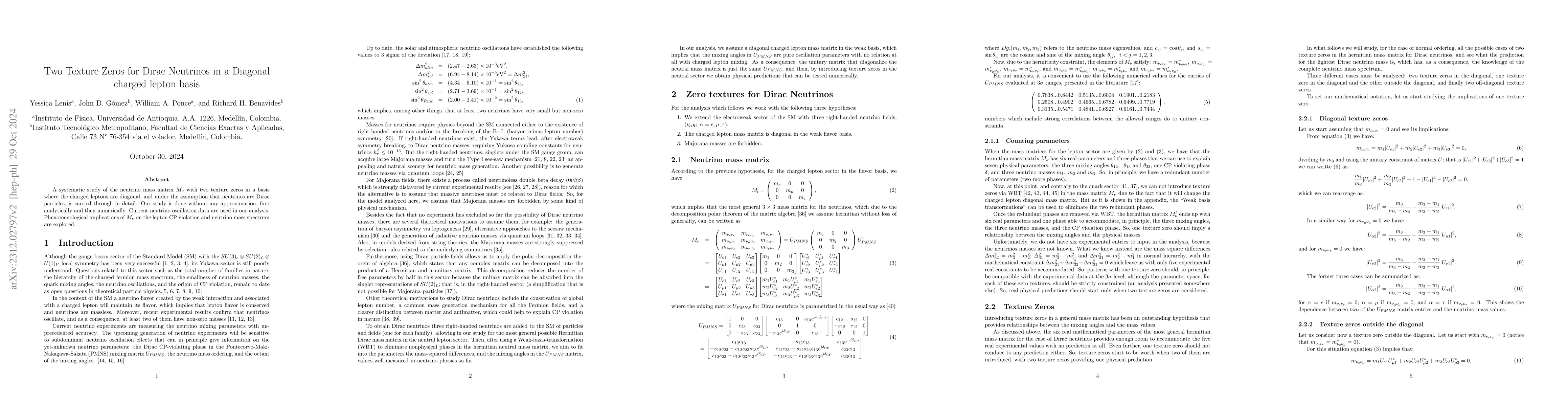 Thumbnail for Two Texture Zeros for Dirac Neutrinos in a Diagonal charged Lepton basis