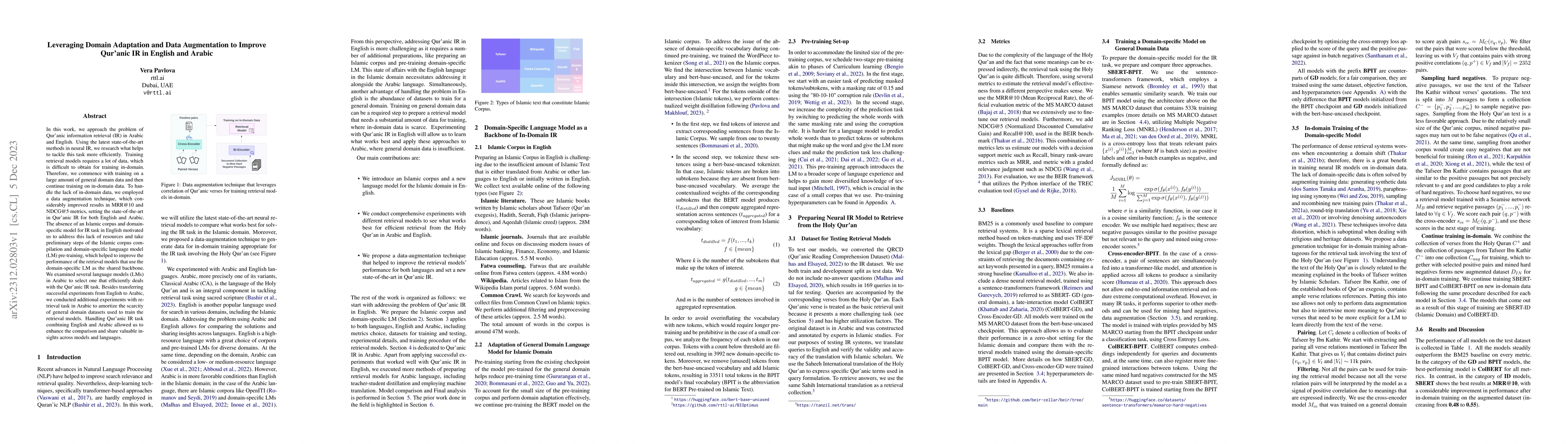 Thumbnail for Leveraging Domain Adaptation and Data Augmentation to Improve Qur'anic
  IR in English and Arabic