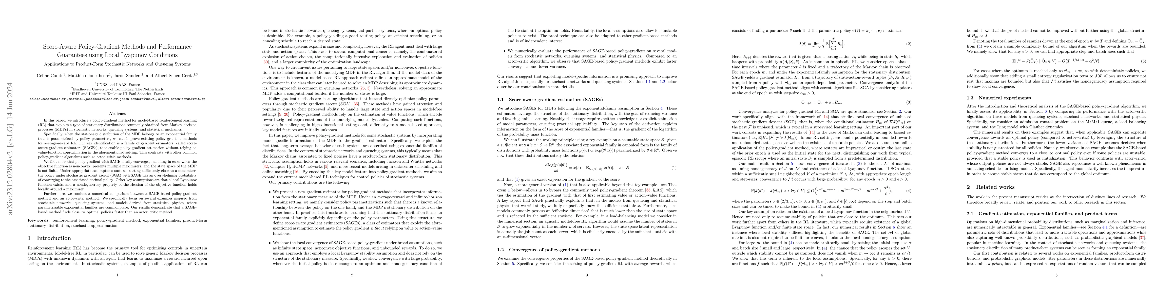 Thumbnail for Score-Aware Policy-Gradient Methods and Performance Guarantees using
  Local Lyapunov Conditions: Applications to Product-Form Stochastic Networks
  and Queueing Systems