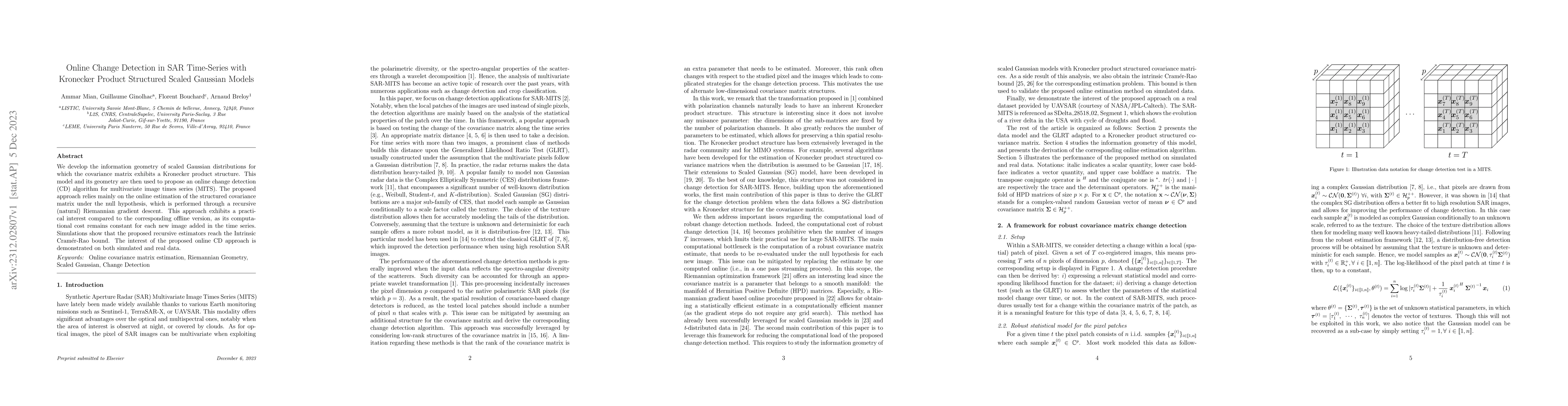 Thumbnail for Online Change Detection in SAR Time-Series with Kronecker Product
  Structured Scaled Gaussian Models