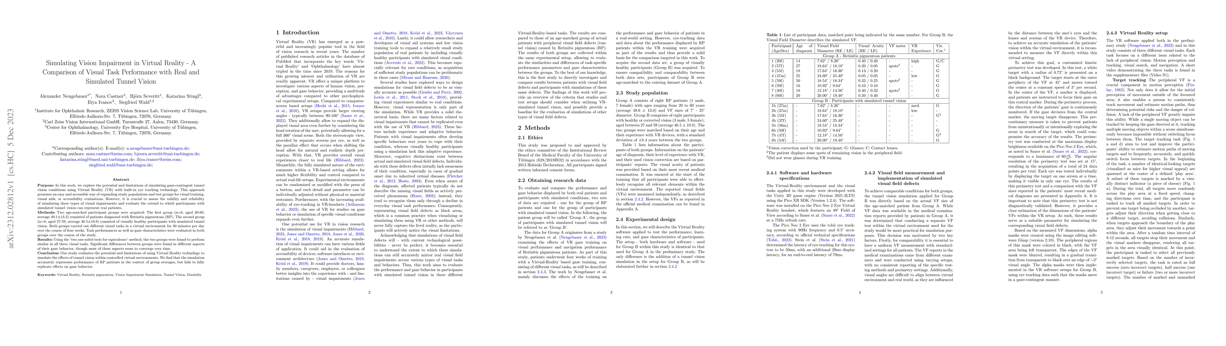 Thumbnail for Simulating Vision Impairment in Virtual Reality -- A Comparison of
  Visual Task Performance with Real and Simulated Tunnel Vision
