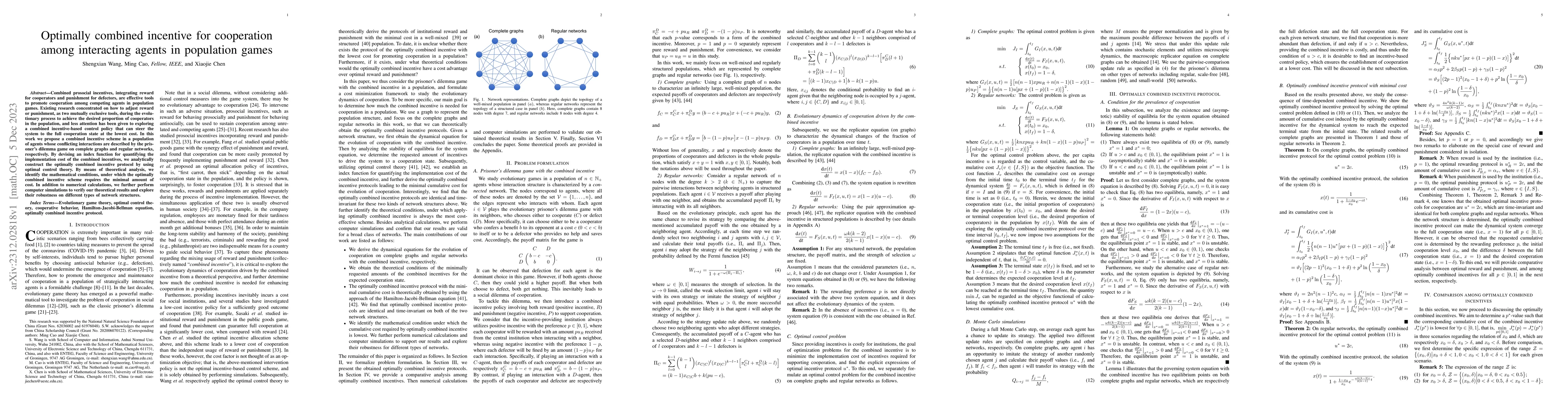 Thumbnail for Optimally combined incentive for cooperation among interacting agents in
  population games