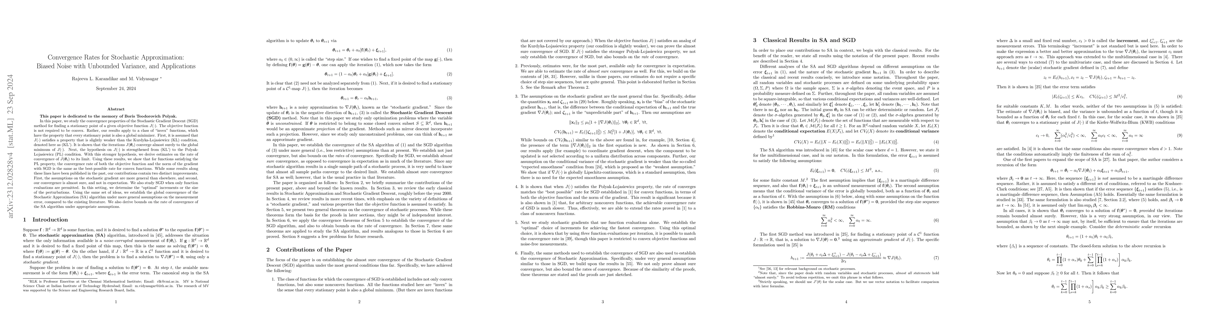 Thumbnail for Convergence Rates for Stochastic Approximation: Biased Noise with
  Unbounded Variance, and Applications