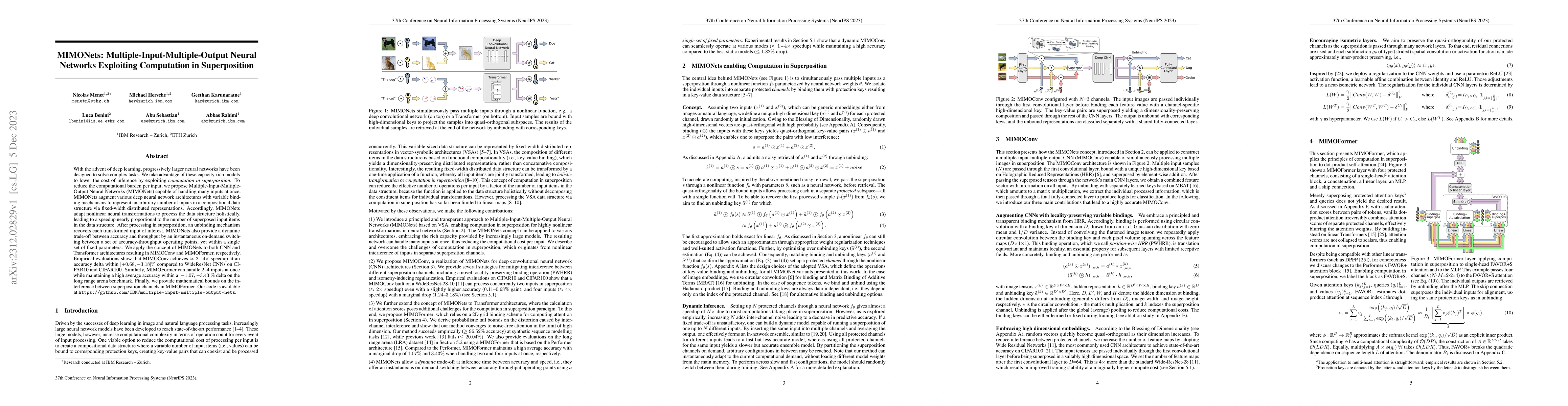Thumbnail for MIMONets: Multiple-Input-Multiple-Output Neural Networks Exploiting
  Computation in Superposition