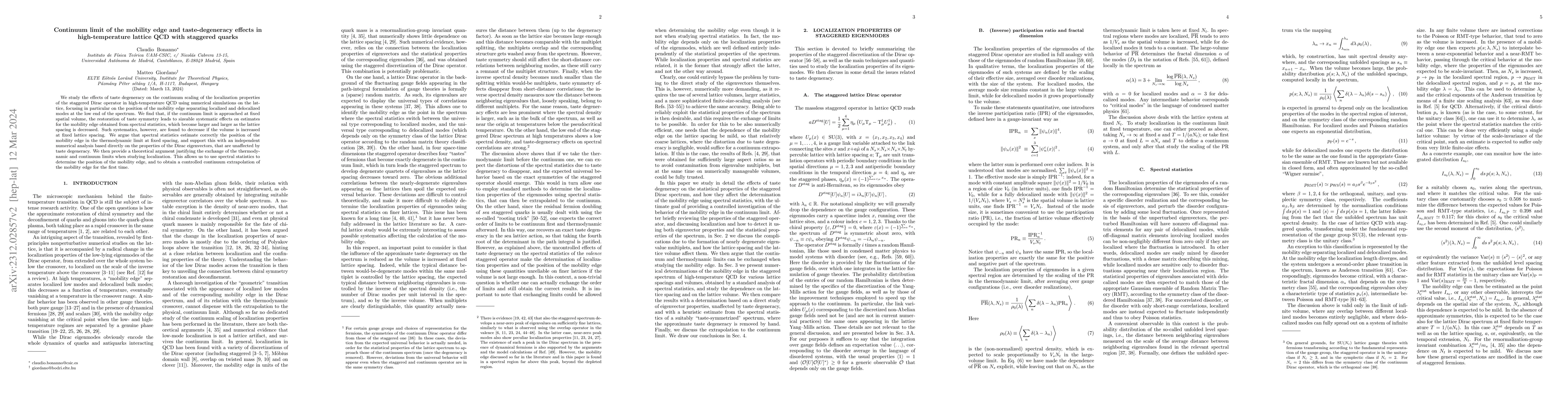 Thumbnail for Continuum limit of the mobility edge and taste-degeneracy effects in
  high-temperature lattice QCD with staggered quarks