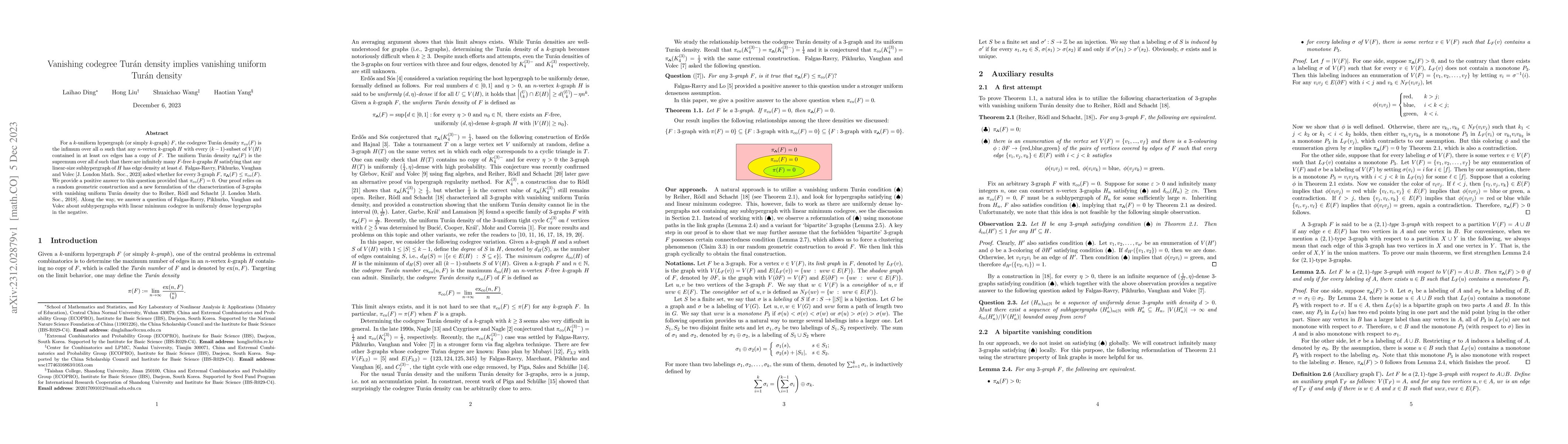 Thumbnail for Vanishing codegree Tur\'{a}n density implies vanishing uniform Tur\'{a}n
  density
