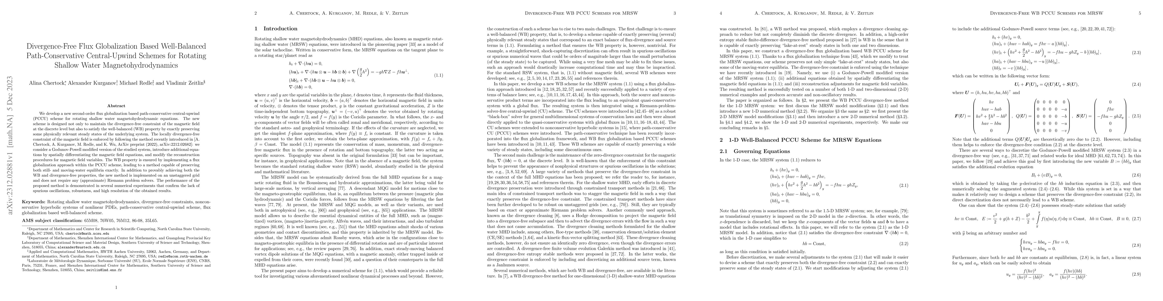Thumbnail for Divergence-Free Flux Globalization Based Well-Balanced Path-Conservative
  Central-Upwind Schemes for Rotating Shallow Water Magnetohydrodynamics