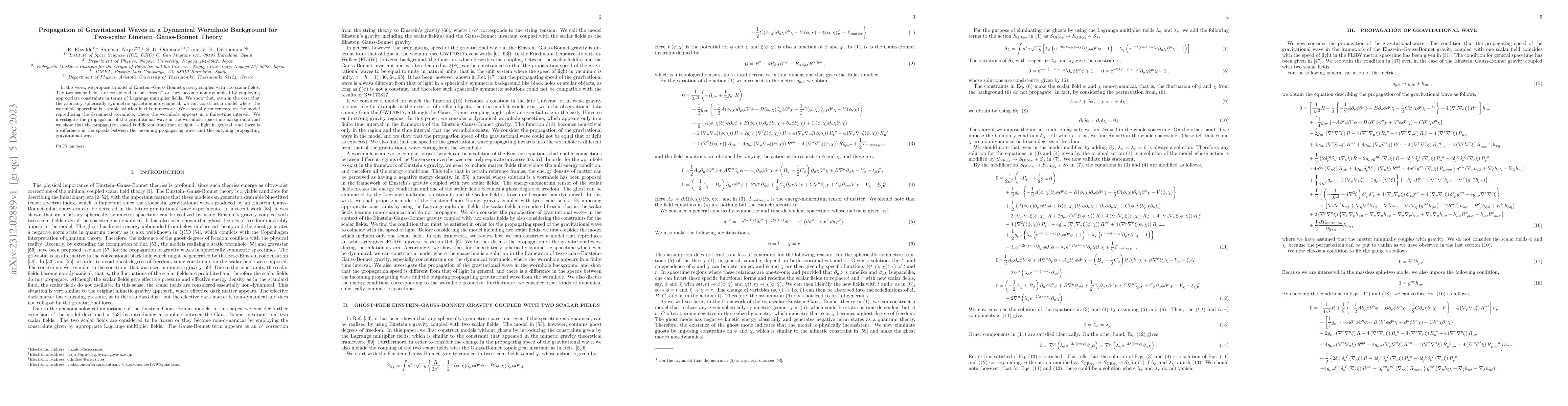 Thumbnail for Propagation of Gravitational Waves in a Dynamical Wormhole Background
  for Two-scalar Einstein-Gauss-Bonnet Theory