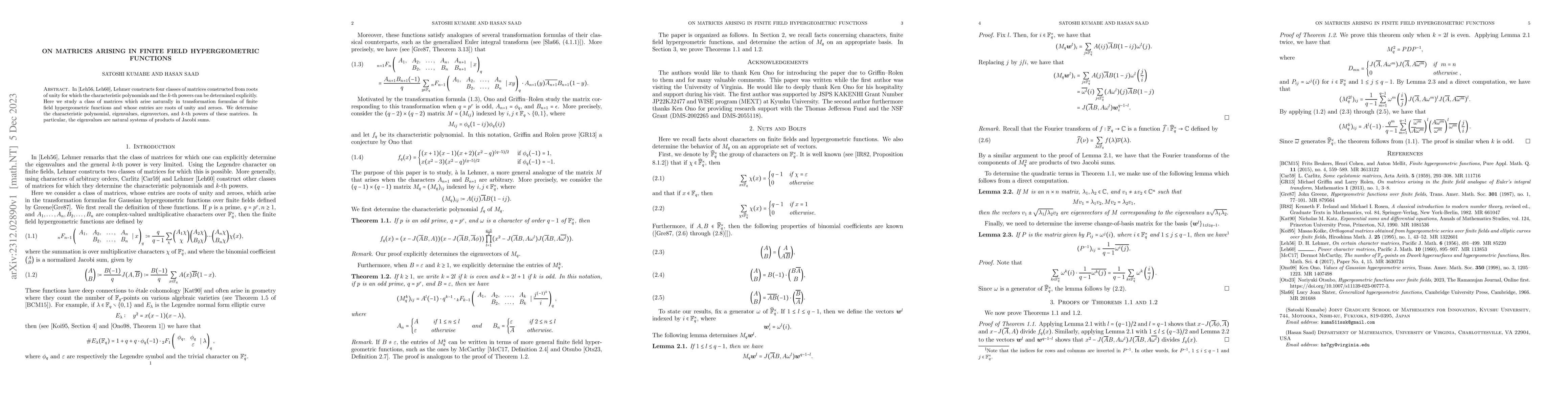 Thumbnail for On Matrices Arising in Finite Field Hypergeometric Functions