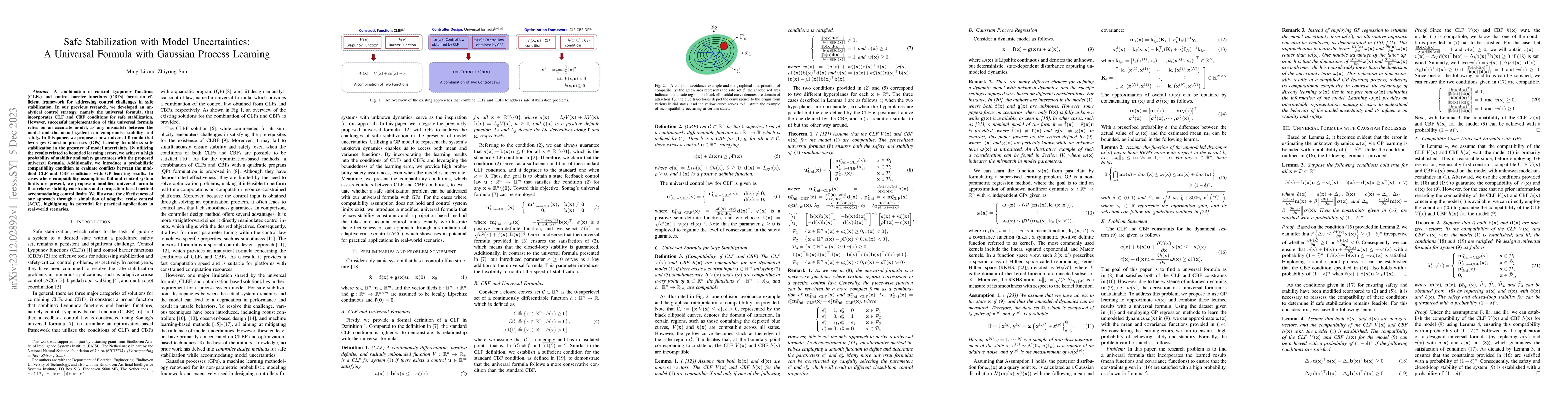 Thumbnail for Safe Stabilization with Model Uncertainties: A Universal Formula with
  Gaussian Process Learning
