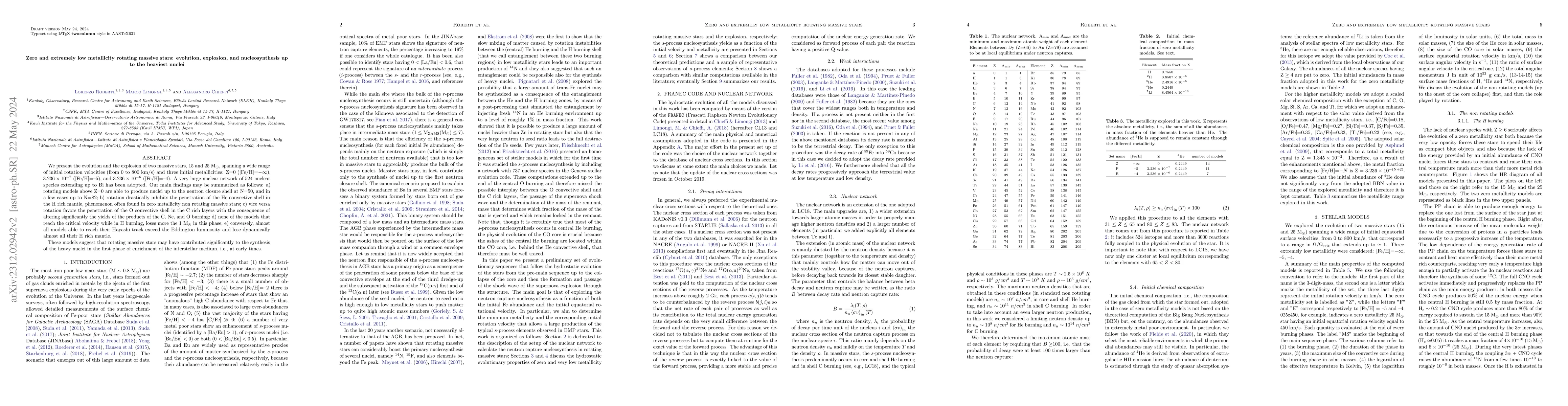 Thumbnail for Zero and extremely low metallicity rotating massive stars: evolution,
  explosion, and nucleosynthesis up to the heaviest nuclei