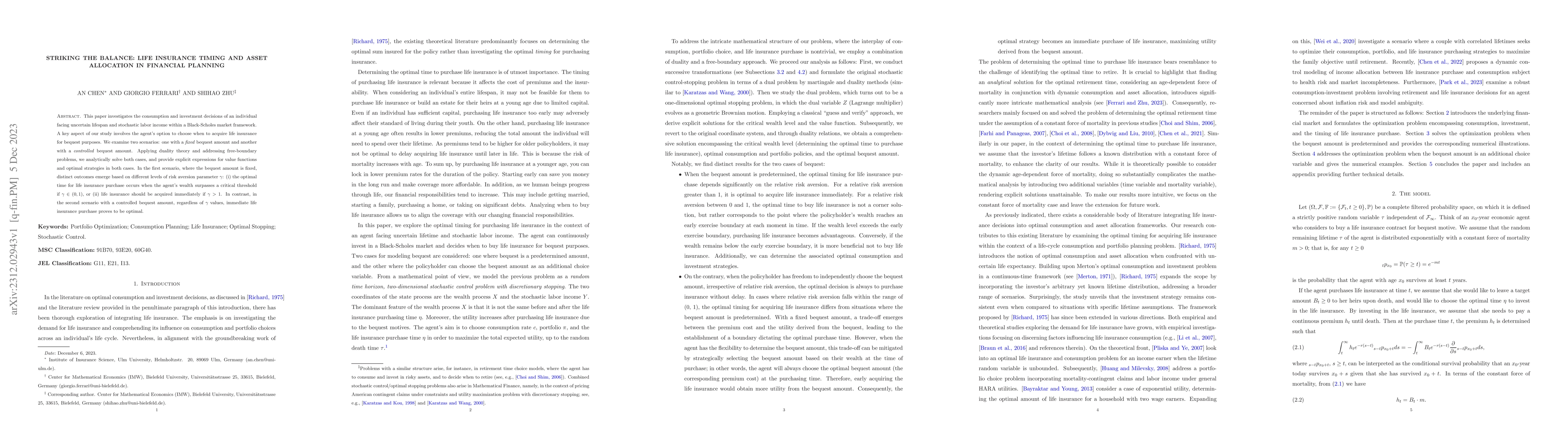 Thumbnail for Striking the Balance: Life Insurance Timing and Asset Allocation in
  Financial Planning