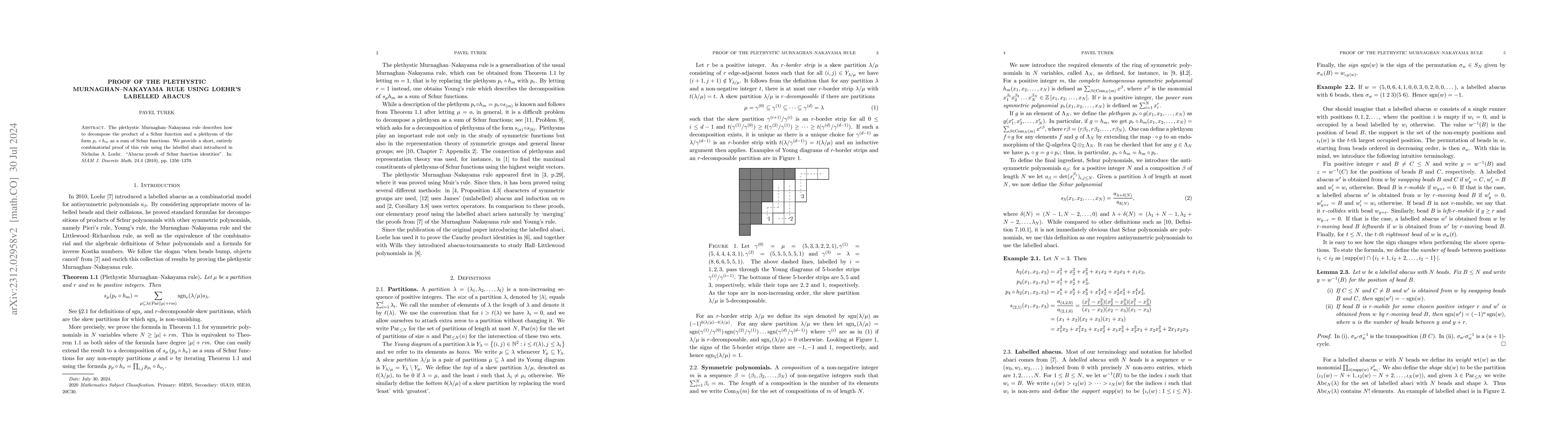Thumbnail for Proof of the plethystic Murnaghan-Nakayama rule using Loehr's labelled
  abacus